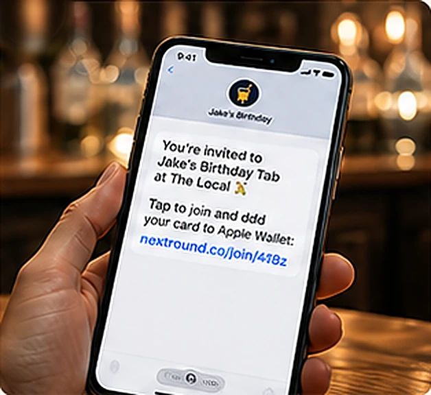 A phone showing a nextround invite to Jake's Birthday Tab