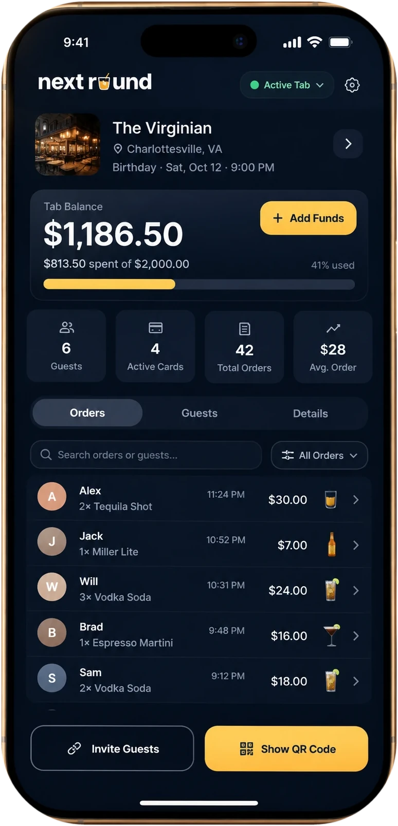 The nextround host view: tab balance, guests, and orders