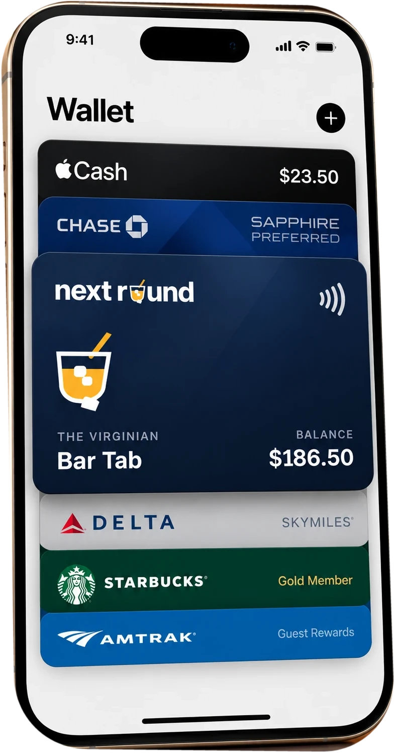 A nextround bar tab card in Apple Wallet